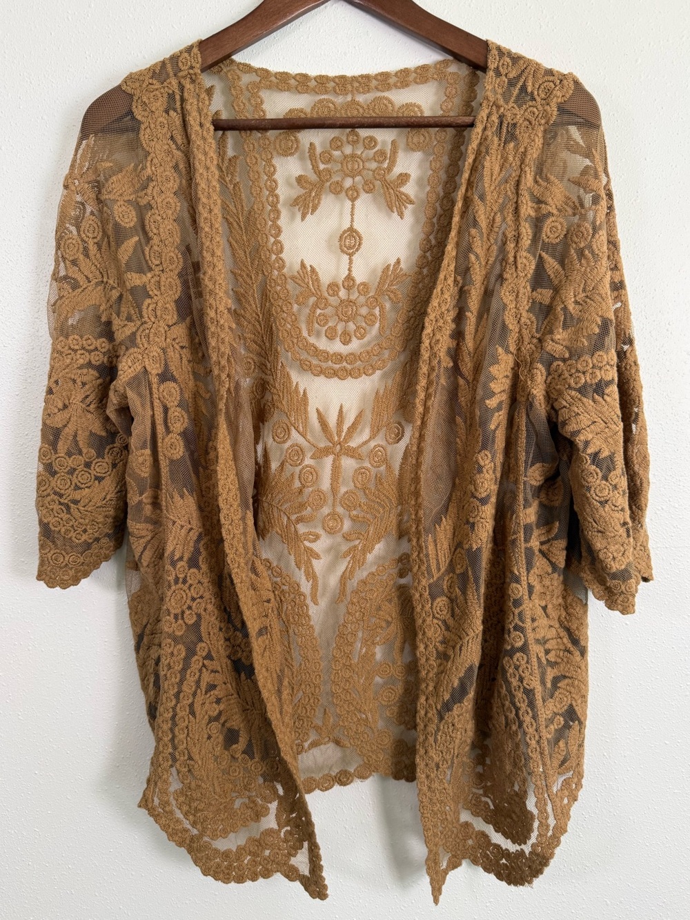 Embroidered Lace Kimono Cardigan Sheer Boho Floral Open Front